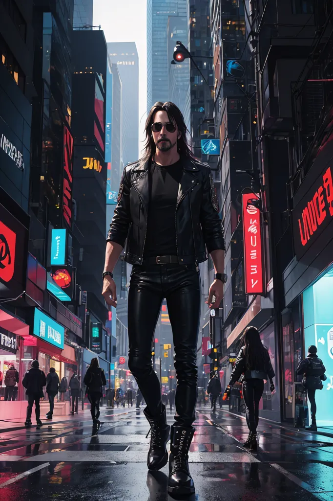 The image shows a man walking down a busy street in a futuristic city. The man is dressed in a black leather jacket and pants, and he has long black hair and sunglasses. He is walking with a confident stride, and he looks like he is on a mission. The street is crowded with people, and there are tall buildings and skyscrapers on either side. The sky is hazy, and it looks like it might rain. The image is full of detail, and it is clear that the artist has put a lot of thought into creating it.