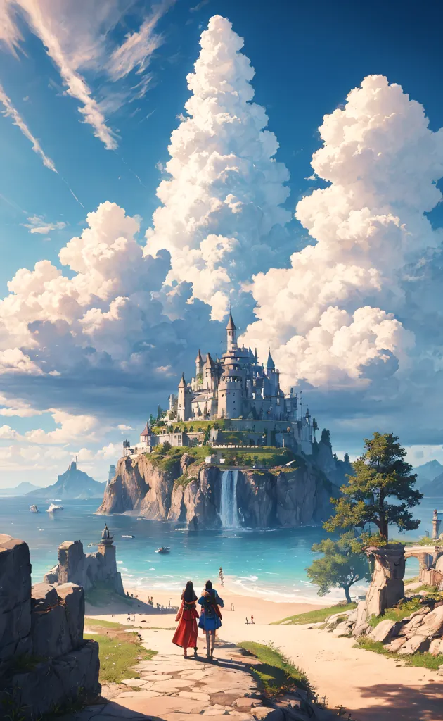 The image is of a fantasy castle on a cliff by the sea. The castle is made of white stone and has many towers and turrets. It is surrounded by clouds and there is a waterfall on one side. There are two people walking towards the castle. They are both wearing red cloaks.