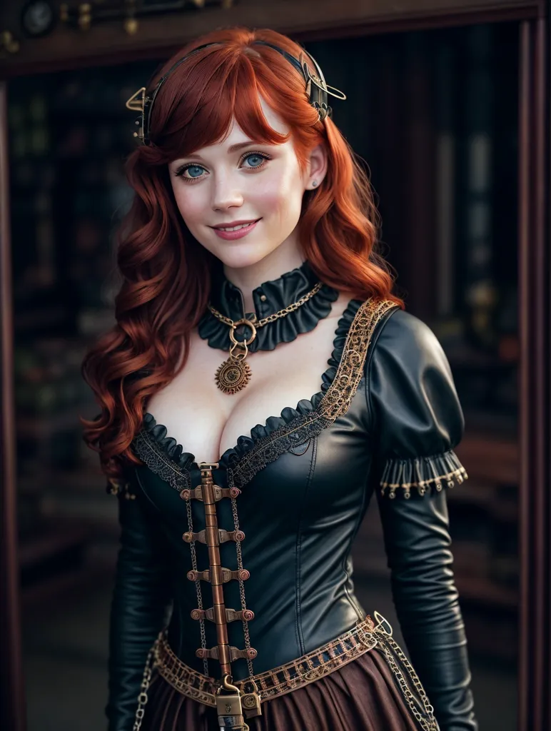 The image is of a beautiful young woman with long red hair and blue eyes. She is wearing a steampunk-style outfit with a black leather corset and a brown skirt. She has a variety of steampunk accessories on, including a pair of goggles, a necklace, and a belt. She is standing in a dark room with a wooden door behind her.