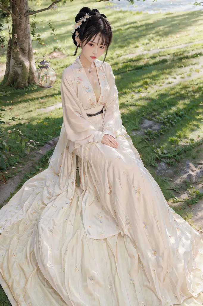 L'image montre une jeune femme portant une robe traditionnelle chinoise, appelée Hanfu. La robe est blanche et a des broderies florales roses et bleues. La femme est assise sur un rocher dans un jardin. Il y a des arbres et des fleurs en arrière-plan. Les cheveux de la femme sont noirs et longs, et elle porte un couvre-chef blanc. Elle porte également des bijoux traditionnels chinois, notamment un collier et des boucles d'oreilles. L'image est très belle et capture la beauté du Hanfu et de la culture chinoise.