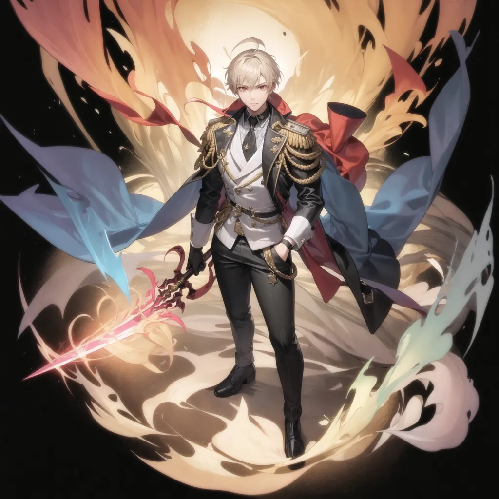 This is an image of a young man with short white hair and red eyes. He is wearing a white shirt, black pants, and a red jacket. He is also wearing a black tie and a red cape. He is standing in a field of red and blue flowers. He is holding a sword in his right hand. The background is a bright yellow.