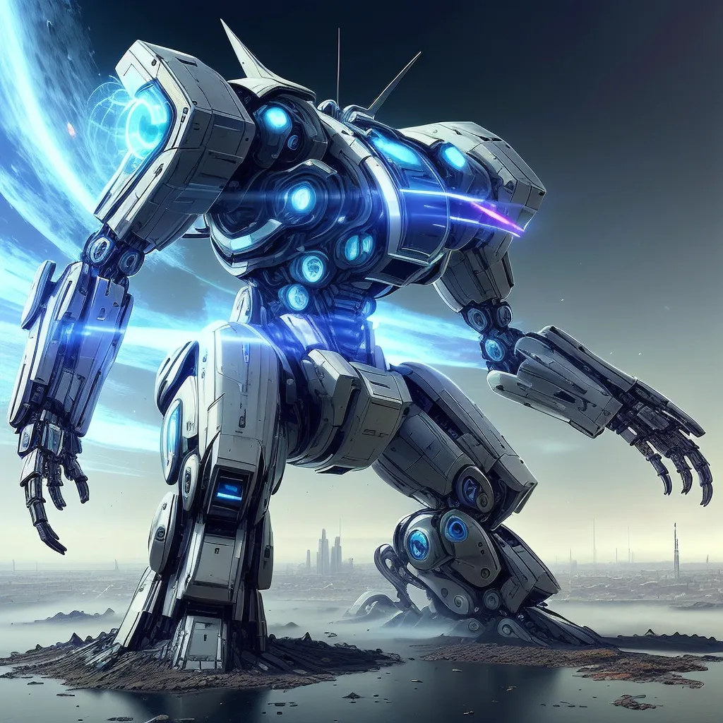 The image shows a giant robot standing on a rocky surface. The robot is white and blue, with a large, round body and four arms. It has a head with a single, glowing eye, and its arms are tipped with sharp claws. The robot is standing in a crater, and there are several large buildings in the background. The sky is dark, and there are several stars and planets visible.