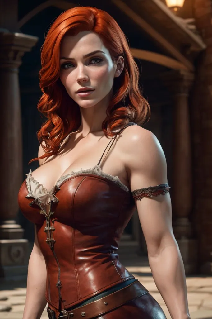 This is an image of a beautiful woman with long red hair. She is wearing a brown leather corset with a white camisole underneath. She has a confident expression on her face and is looking at the viewer with her blue eyes. She is standing in a medieval-style room with stone columns and a wooden beamed ceiling.