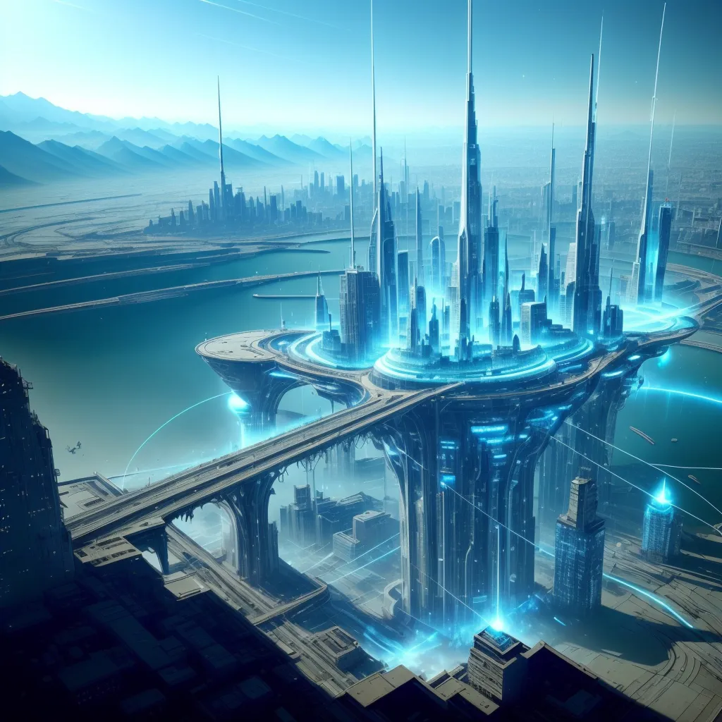 The image is of a futuristic city. The city is built on a series of platforms that are connected by bridges. The platforms are surrounded by a large body of water. The city is made up of tall, gleaming buildings. The buildings are made of glass and metal and have a variety of shapes and sizes. The city is also home to a number of parks and gardens. The parks are filled with lush greenery and provide a place for people to relax and enjoy the outdoors. The city is also home to a number of canals. The canals are used to transport people and goods around the city. The city is a bustling metropolis and is home to a variety of people from all walks of life. The city is a symbol of hope and progress and is a testament to the ingenuity and creativity of humanity.