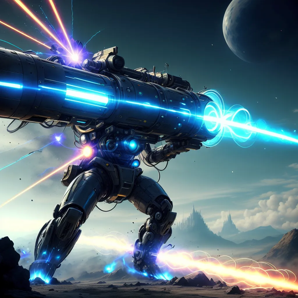 The image shows a giant mech suit armed with a large cannon. The mech is standing on a rocky moon or planetary landscape with a blue sky and white clouds in the background. There is a moon or planetary body in the top right corner of the image. The mech is black and blue with glowing blue lights on its body. The cannon is also black and blue and is firing a powerful blue laser beam. There are several rocks and boulders around the mech and in the foreground of the image.