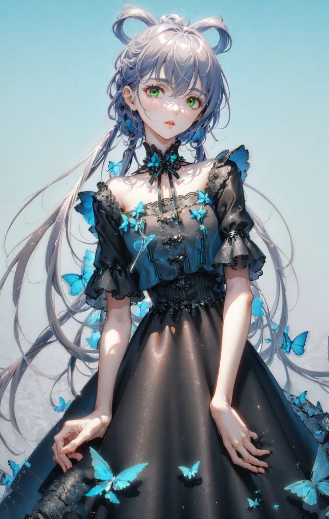 The image is a painting of a beautiful anime girl with long silver hair and green eyes. She is wearing a black dress with a white collar and blue butterflies on it. The dress has a corset-like bodice with black lace trim. She is standing in front of a white background, and there are blue butterflies flying around her. The painting is done in a realistic style, and the girl's expression is soft and serene.