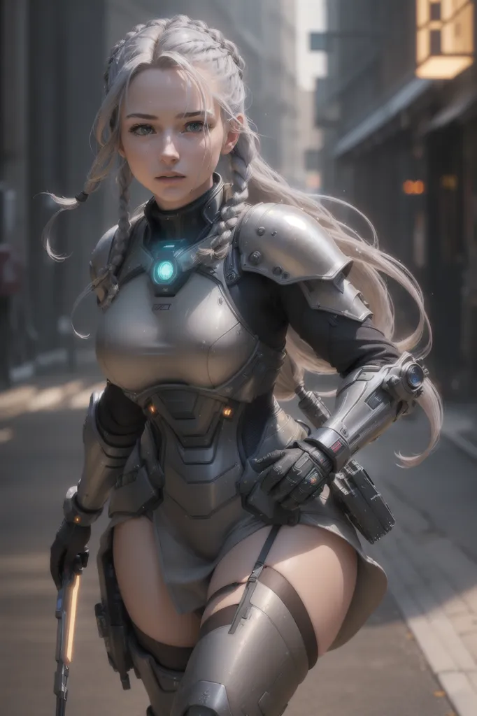 The image is of a beautiful woman with long white hair and blue eyes. She is wearing a futuristic armor with a glowing blue light on her chest. She is also carrying a gun. She is standing in a dark alleyway with a building in the background. The image is very detailed and realistic.