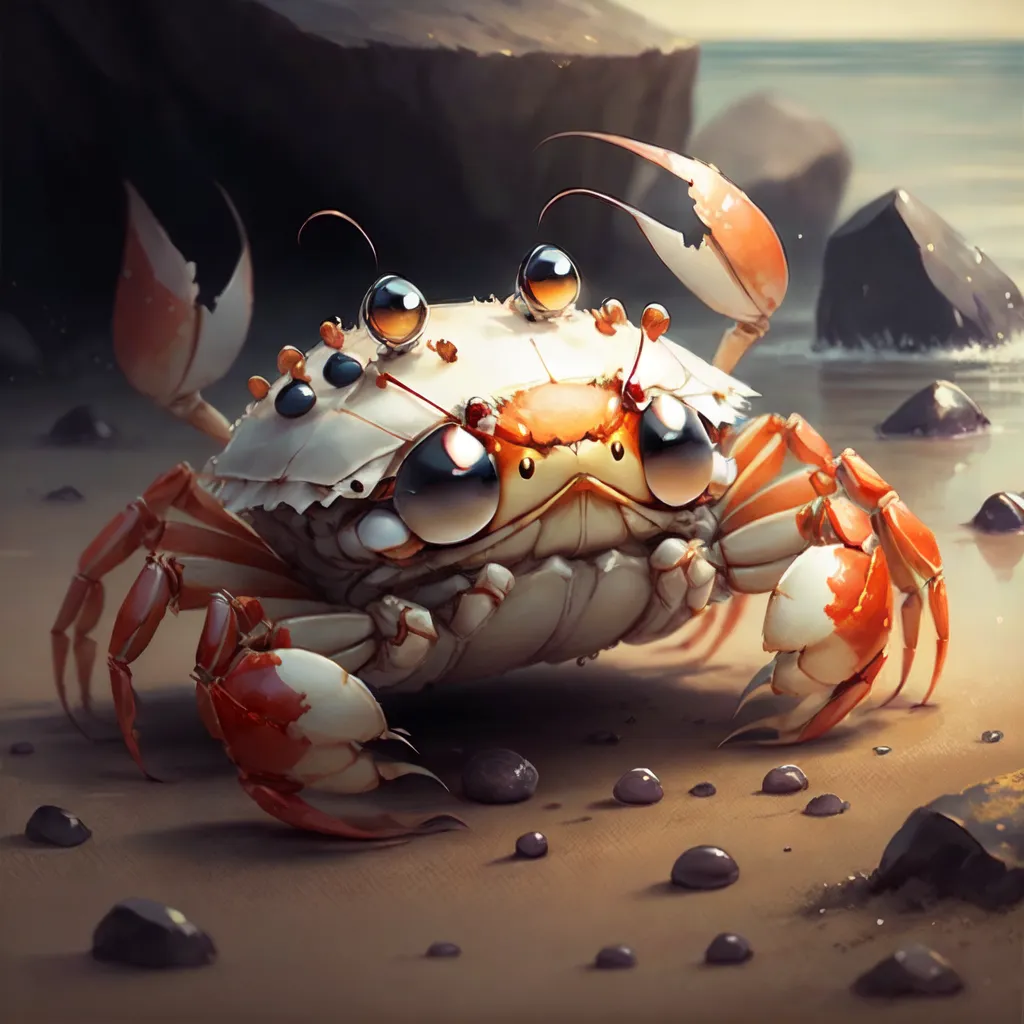 The image shows a cartoon crab on the beach. The crab has large eyes and a red and white shell. It is standing on the sand, next to some rocks. The crab is looking at the viewer. In the background, there is a large rock and the ocean.