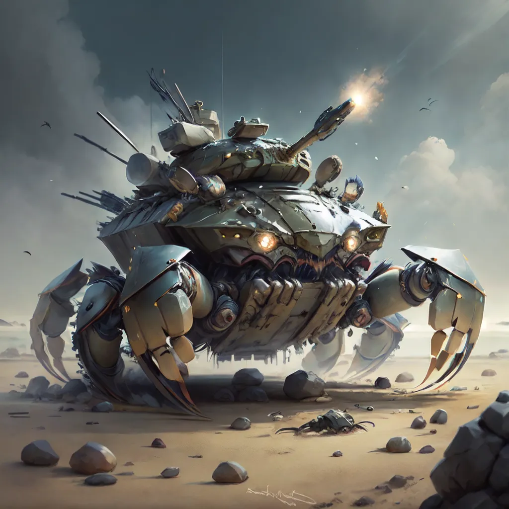 The image is a digital painting of a steampunk crab tank. The tank is made of metal and has six legs. It is armed with a cannon and several machine guns. The tank is in a desert setting and is surrounded by rocks and sand. The sky is cloudy and there is a mountain in the distance.