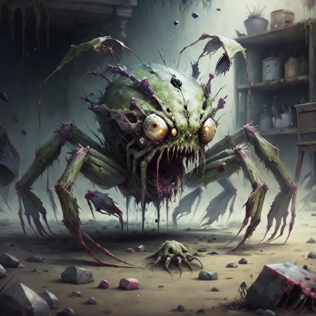 The image is a dark and creepy room. The floor is covered in debris and there are cobwebs everywhere. In the center of the room is a large, green monster. The monster has a bulbous body and long, spindly legs. Its head is covered in sharp teeth and its eyes are glowing red. The monster is surrounded by a swarm of smaller, flying monsters. The monsters are all different shapes and sizes, but they all have the same glowing red eyes. The image is very dark and atmospheric, and it creates a sense of dread and foreboding.