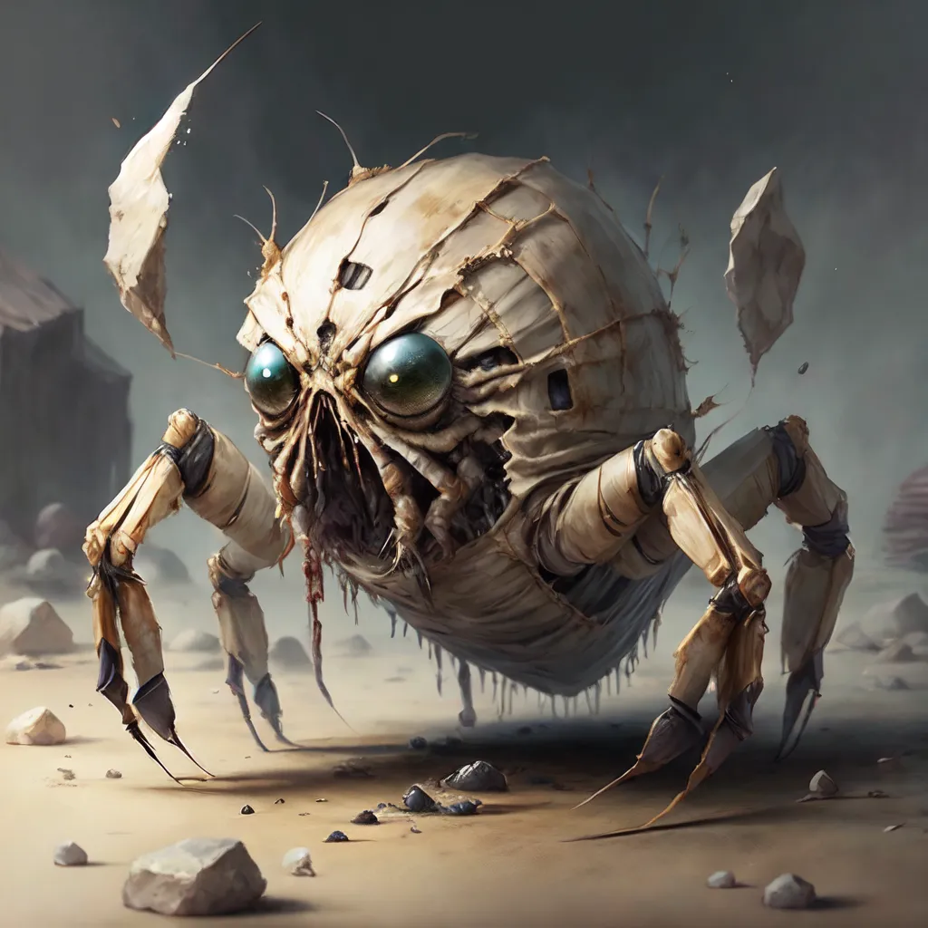 The image is of a large, spherical creature with a pale, fleshy body and four spindly legs. The creature's head is dominated by a pair of large, blue eyes, and its mouth is a small, vertical slit. Its body is covered in strange, bony protrusions, and its legs are tipped with sharp claws. The creature is standing in a rocky desert, and the background of the image is a dark, cloudy sky.