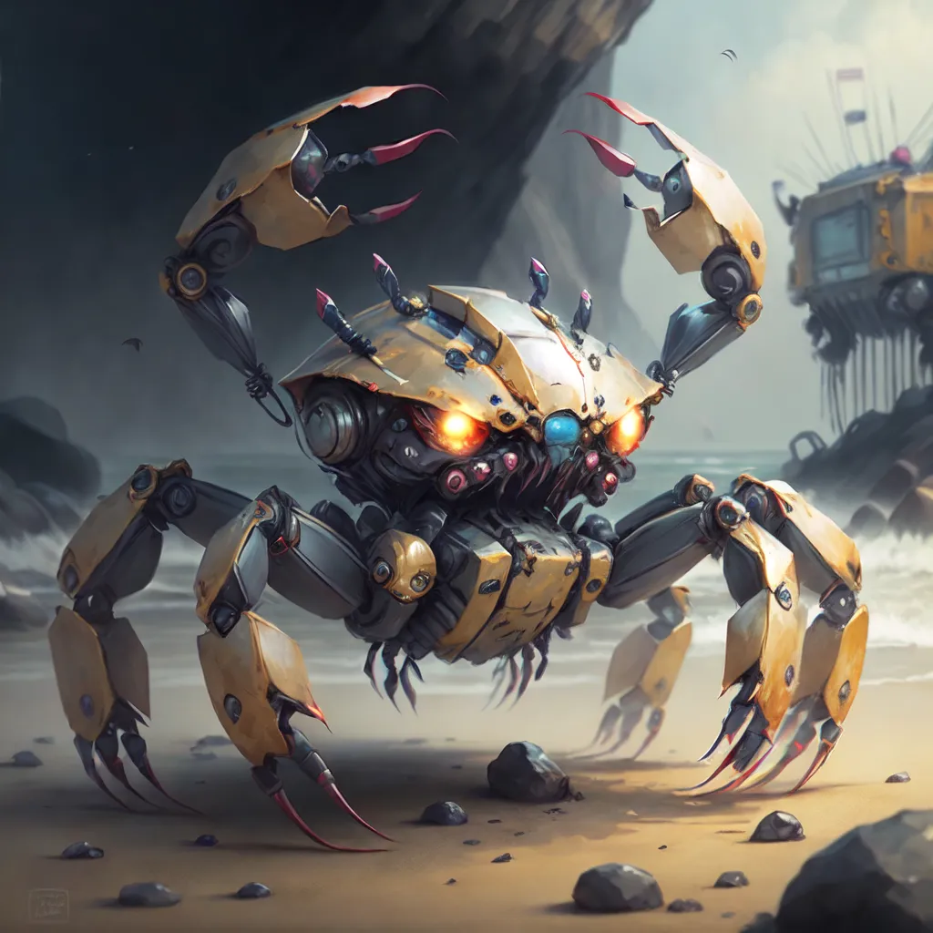 The image depicts a steampunk crab robot on a beach. The robot is made of metal and has a yellow and brown color scheme. It has two large claws, six legs, and a round cylindrical body. The robot's eyes are blue and it has a mouth full of sharp teeth. There is a yellow truck in the background. The robot is standing on the beach, next to some large rocks. The sand is wet and there is a large cliff behind the beach. The sky is cloudy and there are some birds flying in the backgroun