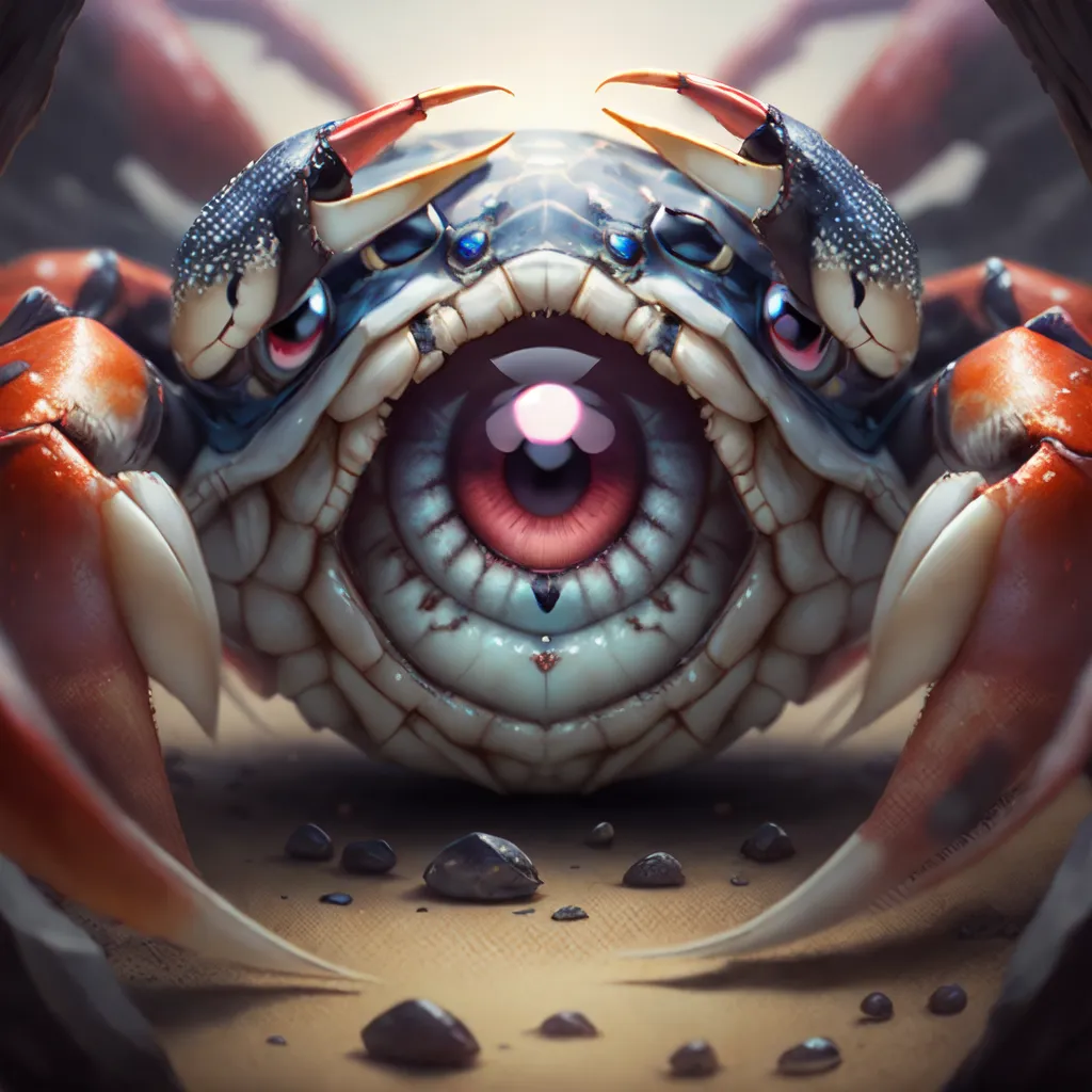 The image depicts a large, mutated crab-like creature with blue and red exoskeleton and large claws. The crab has a large eye in the center of its body and several smaller eyes on its claws and legs. The crab is standing on a rocky surface, and there are several rocks and pebbles scattered around it.