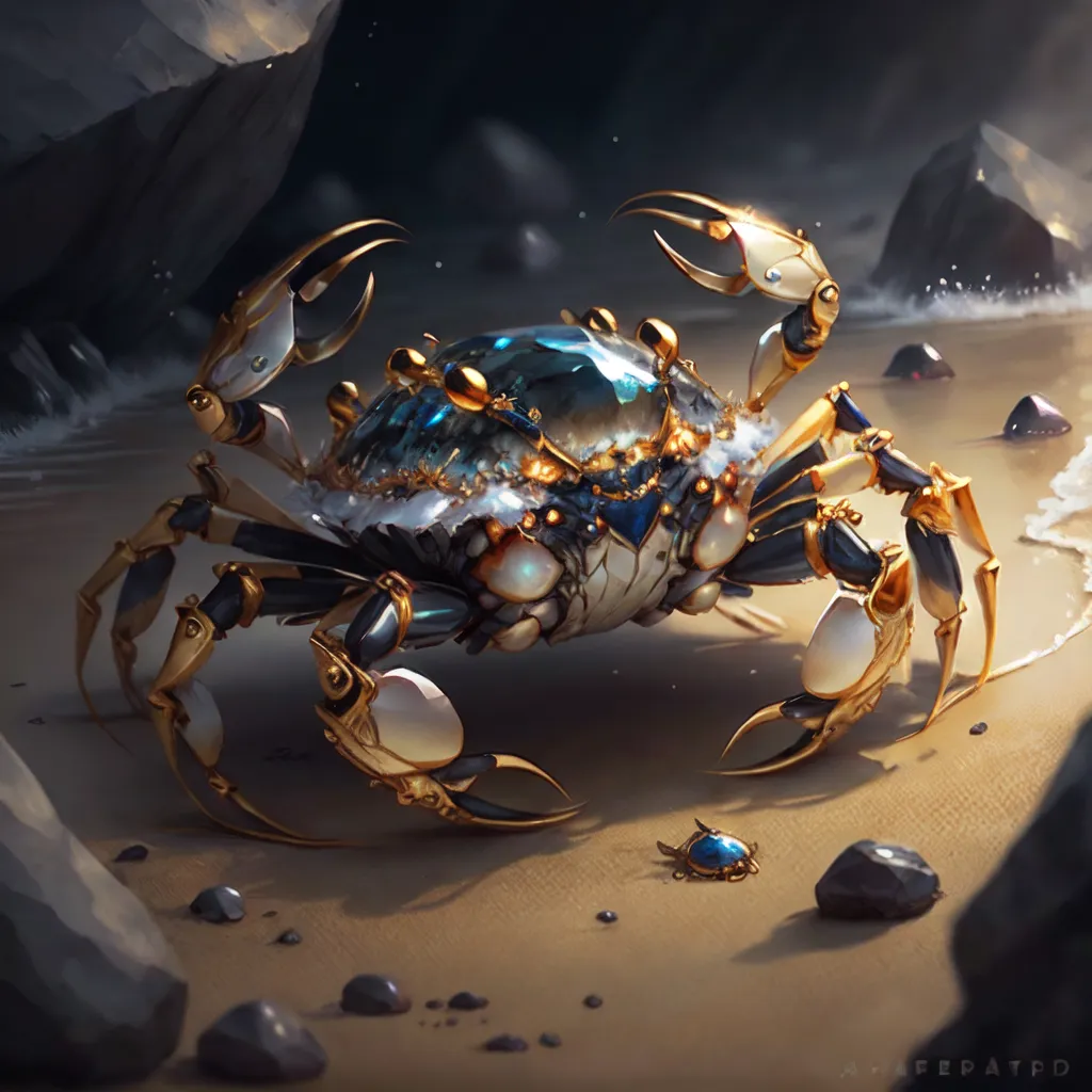 The image depicts a large, blue crab with golden claws and legs. It is standing on a beach, with a small crab nearby. The crab has a large, blue gem on its back, and its claws are also decorated with gems. The crab is standing on a beach, with waves crashing behind it. The crab is very detailed, with each leg and claw being rendered in great detail. The crab's shell is also very detailed, with a variety of colors and textures.