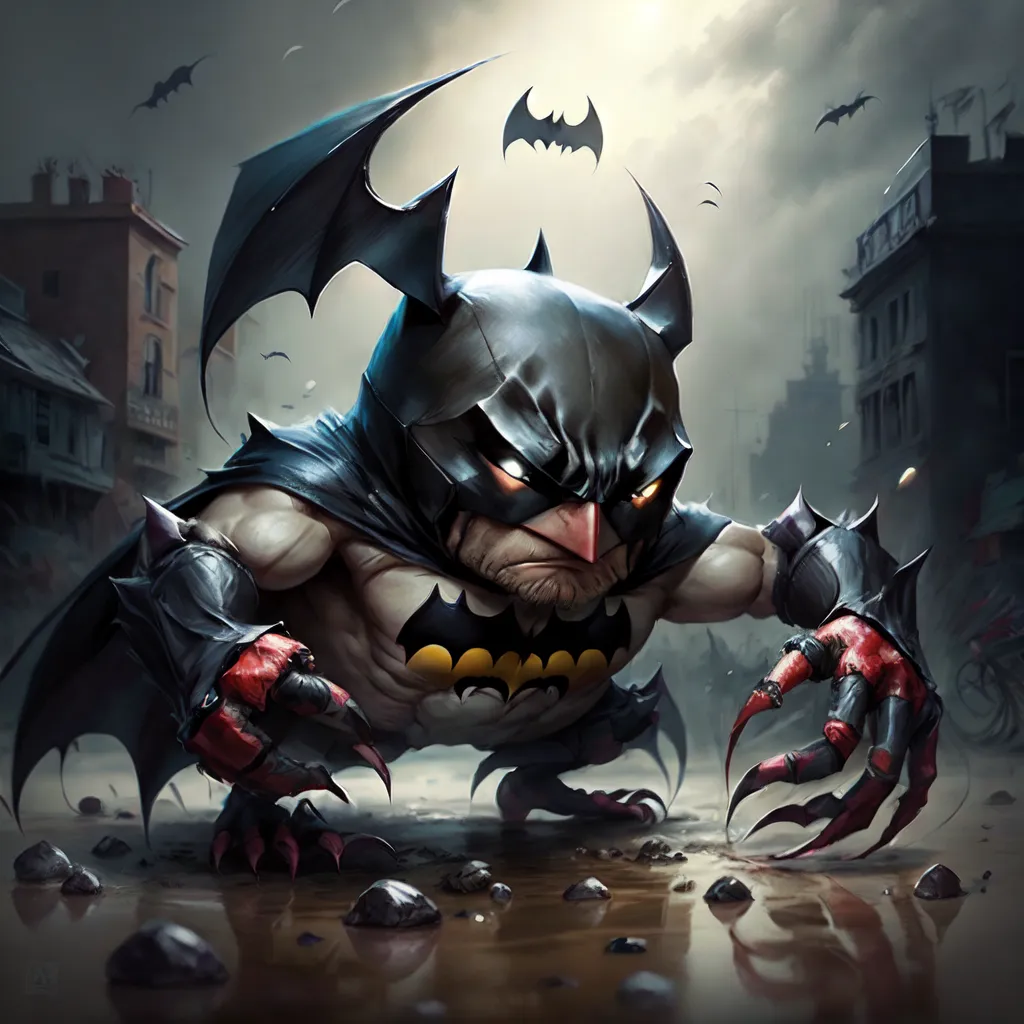 The image is a digital painting of a chibi Batman. He is wearing a black and gray batsuit with red gloves and boots. He has a yellow bat symbol on his chest and a black cape. His cowl is pulled down low over his face, and he has a scowl on his face. He is standing in a dark alleyway, and there are buildings in the background. The image is done in a realistic style, and the colors are muted and dark.