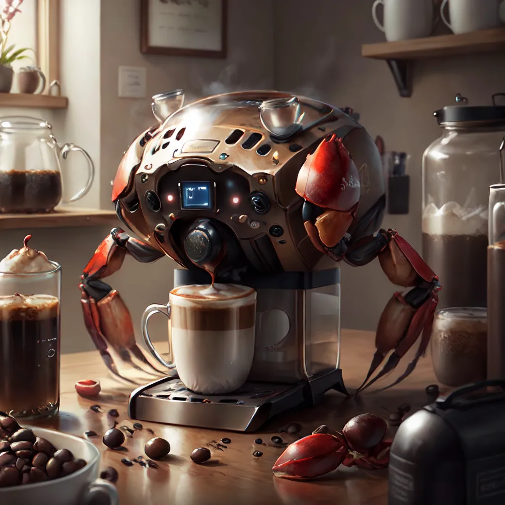 Gambar ini menggambarkan pembuat kopi bergaya steampunk yang dirancang untuk menyerupai kepiting. Pembuat kopi ini terbuat dari logam dan memiliki empat kaki seperti kepiting. Ia memiliki kubah kaca di bagian atas yang memungkinkan Anda melihat kopi yang sedang diseduh. Pembuat kopi ini juga dilengkapi dengan berbagai tombol dan kenop yang memungkinkan Anda mengontrol proses penyeduhan.