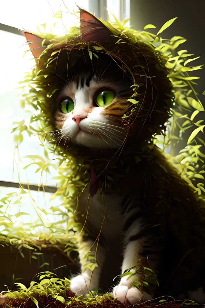 A cat wearing a leafy green headdress is sitting in front of a window. The cat is looking to the left of the frame. The window is covered in vines. The cat's fur is brown, white, and black. The cat's eyes are green.