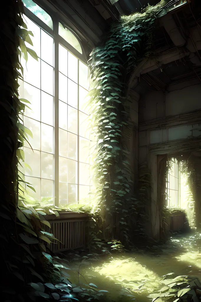 The image is set in a large, abandoned building. The walls are covered in vines, and the floor is covered in leaves and dirt. There is a large window in the background, and the light from outside is streaming in. There is a door on the right side of the image, and it is slightly open. The image is very atmospheric, and it evokes a sense of mystery and abandonment.