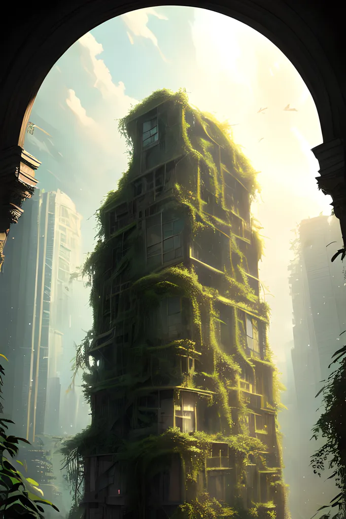 The image shows a tall, abandoned building covered in vines and plants. The building is in a state of disrepair, with broken windows and crumbling walls. The sky is hazy and there are no people visible in the image. The overall atmosphere of the image is one of desolation and abandonment.