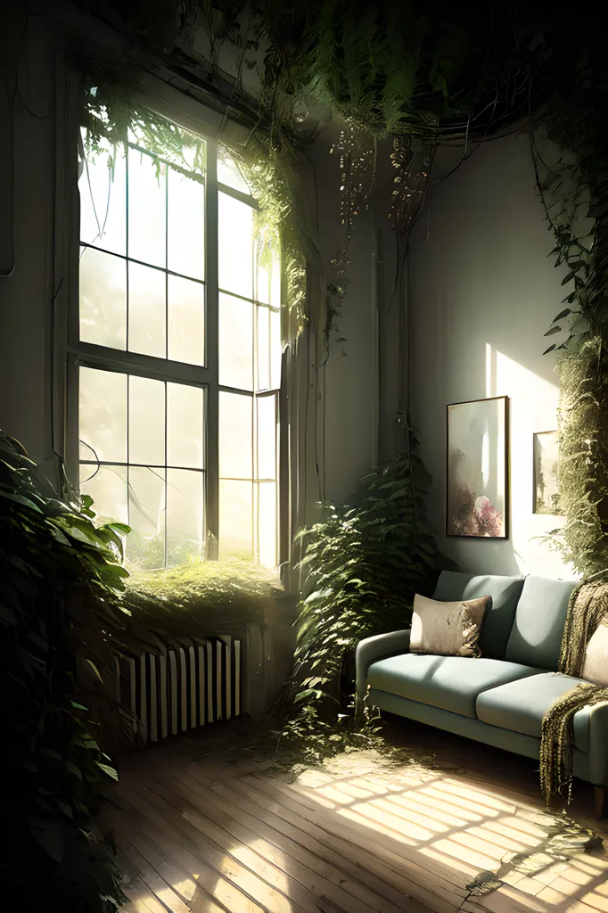 The image is a post-apocalyptic living room. The room is overgrown with plants, and the furniture is covered in dust and cobwebs. The sunlight shines through the large window, creating a bright spot in the otherwise dark room. The room is in disarray, with furniture overturned and debris scattered everywhere. There is a large window that lets in sunlight. There is a couch, and some plants growing in front of it. There are also some frames hanging on the wall.