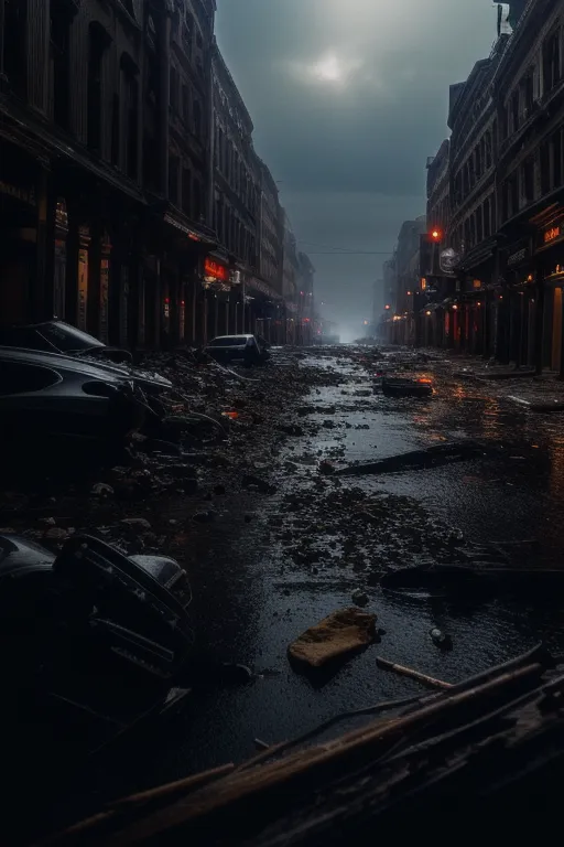 The image shows a street in a city that has been destroyed. The street is covered in rubble and debris, and there are no people or cars visible. The buildings on either side of the street are heavily damaged, and some of them are on fire. The sky is dark and cloudy, and there is a faint light in the distance. The image is post-apocalyptic and conveys a sense of hopelessness and despair.