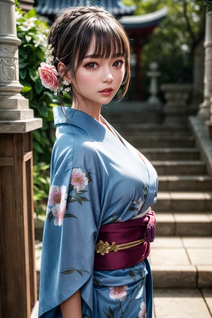 La imagen muestra a una mujer joven que lleva un kimono azul con patrones florales rosa y blanco. El kimono está atado con un obi rojo. La mujer tiene el cabello negro largo con flequillo y una flor rosa en el cabello. Está de pie en un camino de piedra con un fondo borroso de árboles y edificios.