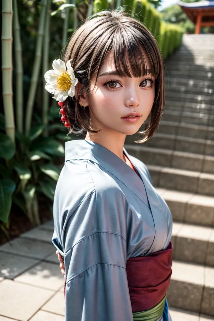 The picture shows a young woman wearing a kimono. She has short brown hair and brown eyes. There is a white flower in her hair. She is standing in a garden with green plants and stone stairs in the background.