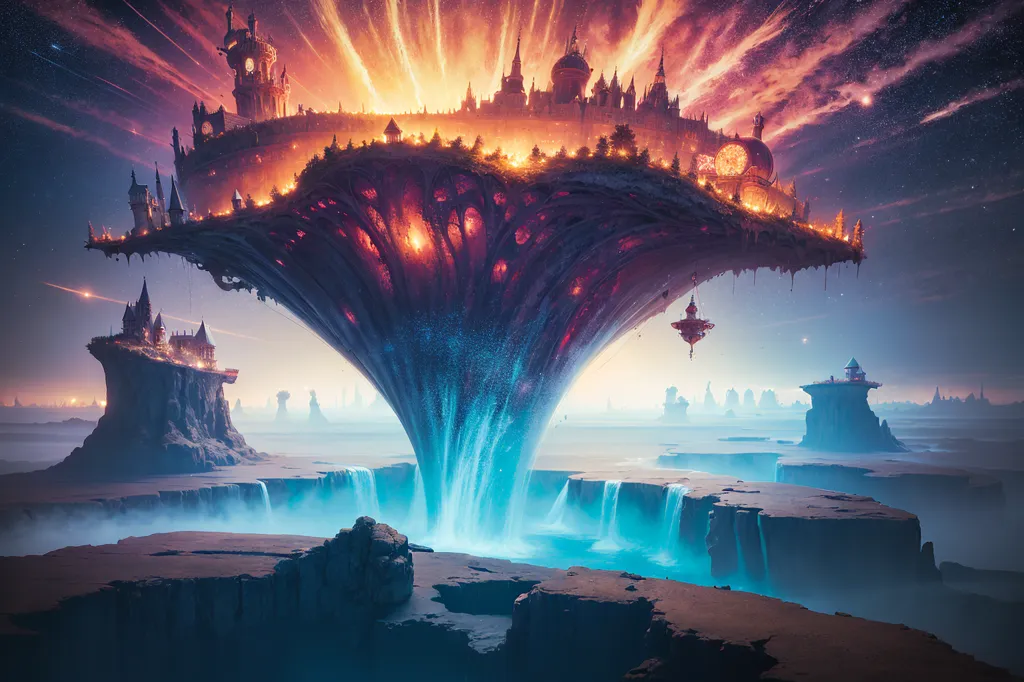 The image is of a fantasy floating city. The city is built on a large, flat rock that is surrounded by a waterfall. The waterfall is fed by a river that flows through the center of the city. The city is surrounded by mountains and there are two suns in the sky. The city is lit up by a bright light.