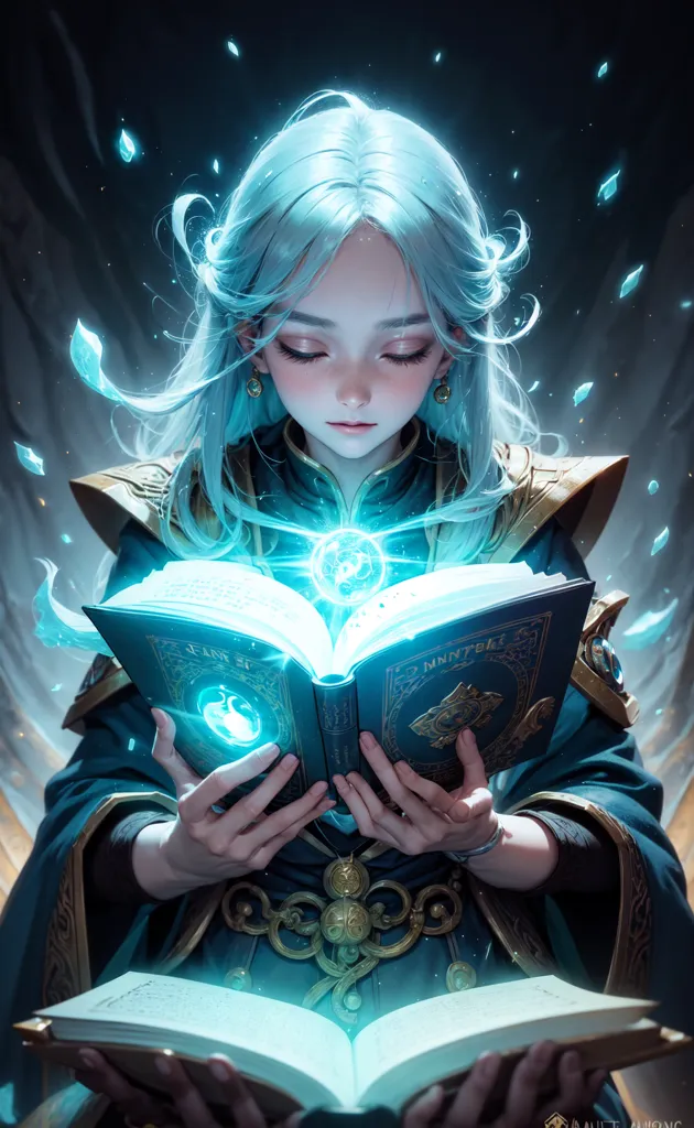 The image is of a beautiful woman with long, flowing white hair. She is wearing a blue robe with gold trim. She is holding a book and there is a blue light glowing from the book. She has a serene expression on her face. The background is dark with a starry night sky.