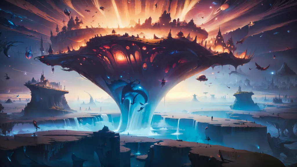 The image shows a fantasy world with a large floating island in the center. The island is surrounded by a sea of clouds and there are several waterfalls flowing down from it. There are also a number of smaller islands floating in the air around the main island. The sky is filled with bright, swirling colors and there are several creatures flying around, including dragons and birds.