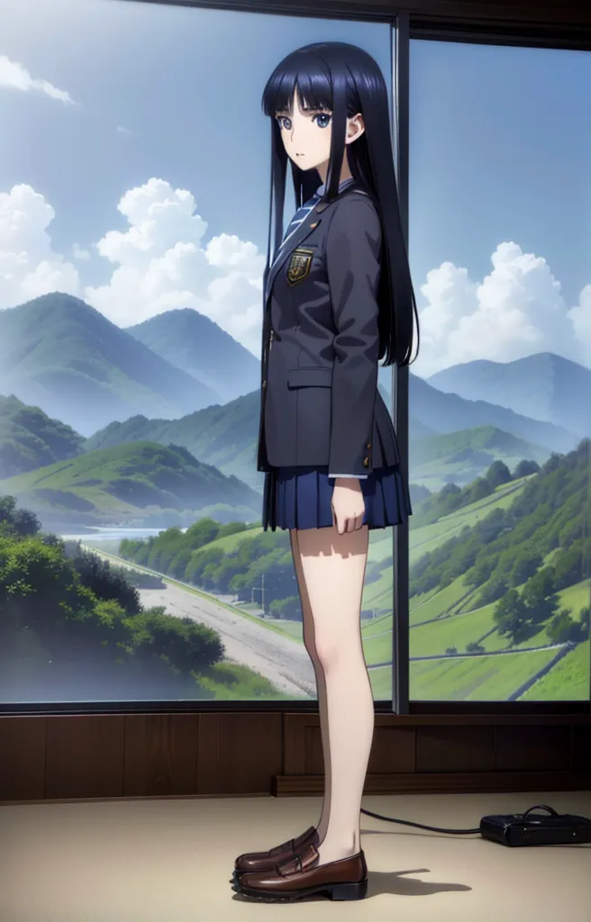 The image is a digital painting of a young woman in a school uniform. She is standing in a room with a large window behind her. The window looks out onto a mountainous landscape. The woman is wearing a dark blue blazer, a white shirt, and a blue skirt. She has long black hair and brown eyes. She is wearing brown shoes. The woman is standing with her hands at her sides. She is looking out the window. The image is realistic and the colors are vibrant. The artist has used a variety of techniques to create a sense of depth and realism. The image is both beautiful and thought-provoking.