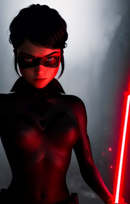 This is an image of a woman in a black bodysuit with a red and black mask. She has a red lightsaber in her hand and is looking at the viewer with a determined expression. She is standing in a dark, smoky room.