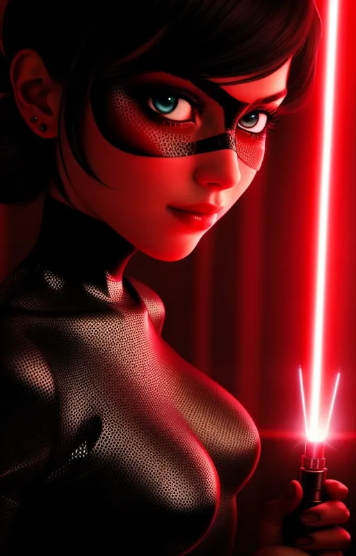 This is an image of a woman dressed in a black and red bodysuit. She has a red mask on and is holding a red lightsaber. Her eyes are blue and she has brown hair. She is standing in front of a red curtain.