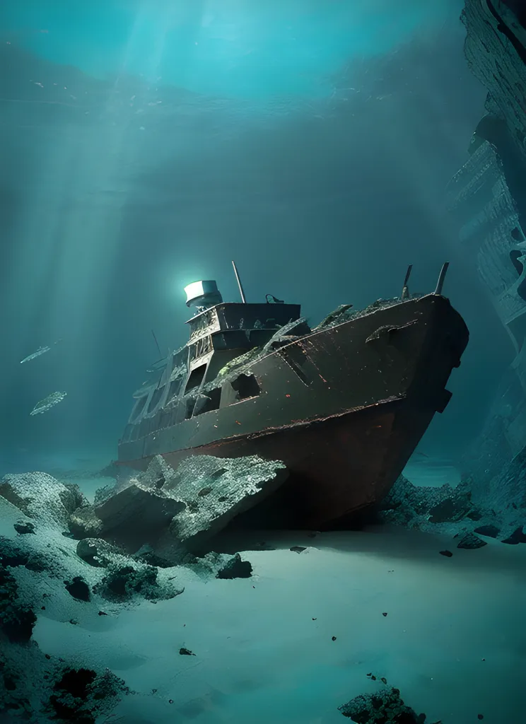 The image shows a sunken ship. It is lying on the ocean floor, and is surrounded by rocks and debris. The ship is in a state of disrepair, and its hull is covered in rust. There is a large hole in the side of the ship, and the interior is dark and empty. The water around the ship is murky and green, and there is no sign of life. The image is a reminder of the dangers of the sea, and the