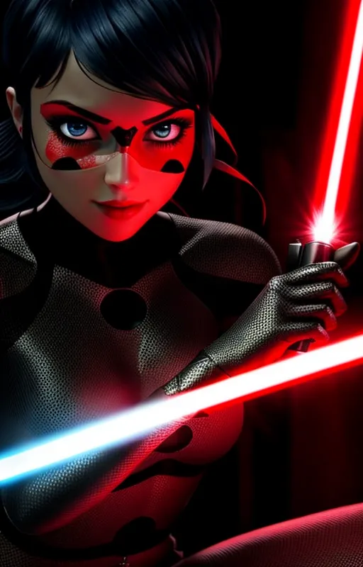 The picture shows a young woman dressed in a black and red bodysuit-style costume. The bodysuit has red dots all over it and a black mask covers her eyes. She is also wearing a pair of black boots and gloves. The woman is standing in a dark room with a red light shining on her. She is holding a red and blue lightsaber in each hand. The woman is looking at the camera with a determined expression on her face.