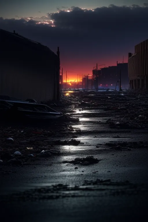 La imagen es una escena callejera oscura y tenebrosa. El cielo es de un naranja intenso, y la única luz proviene de algunas farolas y de los faros de un coche. La calle está llena de escombros y no se ve a ninguna persona. La escena es de desolación y abandono.

La imagen es un paisaje post-apocalíptico. La ciudad, antes próspera, ahora es una ciudad fantasma, con edificios abandonados y calles invadidas por la maleza. El cielo está oscuro y sombrío, y la única luz proviene de algunas farolas parpadeantes. La escena es de desesperanza y desamparo.

La imagen es una advertencia sobre los peligros del cambio climático. Los crecientes niveles del mar han inundado la ciudad costera, y la metrópoli, antes bulliciosa, ahora es una ruina sumergida. La imagen es un recordatorio de que debemos tomar medidas para proteger nuestro planeta de los devastadores efectos del cambio climático.