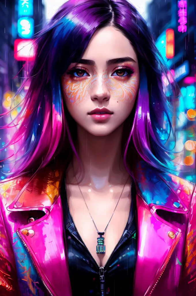 The image is a portrait of a young woman with purple and blue hair. She is wearing a black leather jacket and has a necklace with a pendant. Her face is painted with yellow and orange markings. The background is a blurred cityscape with neon lights.