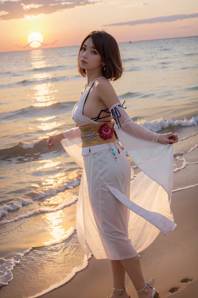 The photo shows a woman wearing a white dress standing on the beach. The sun is setting behind her, casting a warm glow over the scene. The woman has short brown hair and is looking at the camera with a serene expression. She is wearing a white dress with a high neckline and a long skirt. The dress is belted at the waist with a wide red sash. She is also wearing a pair of white sandals. The woman's feet are bare. The beach is covered in sand and the waves are gently lapping at the shore. The sky is a gradient of orange and yellow, with a few wispy clouds. The photo is taken from a low angle, making the woman appear larger than life.