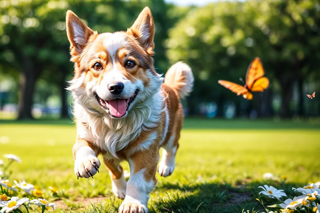 Um corgi com uma aparência feliz está correndo através de um campo gramado em direção à câmera com a boca aberta e a língua rosa pendurada em um grande sorriso. Há flores brancas e amarelas de cada lado do cachorro. Uma borboleta monarca está no fundo, no lado direito da foto. O cachorro tem pelo bege e branco e está olhando diretamente para a câmera. O fundo é de árvores verdes e grama com um céu azul.