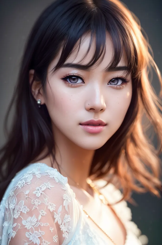 L'image est un portrait d'une jeune femme asiatique. Elle a de longs cheveux bruns avec une frange et des yeux violet clair. Elle porte une robe en dentelle blanche avec un décolleté en cœur. La robe est échancrée aux épaules, dévoilant ses épaules et sa clavicule. La femme regarde le spectateur avec une expression sérieuse. Elle porte une légère quantité de maquillage, notamment une ombre à paupières légère et du rouge à lèvres. Sa peau est parfaite et ses cheveux sont coiffés d'une manière à la fois élégante et décontractée. L'arrière-plan est de couleur sombre, ce qui fait ressortir le visage de la femme. L'effet global de l'image est celui de la beauté et de la sophistication.