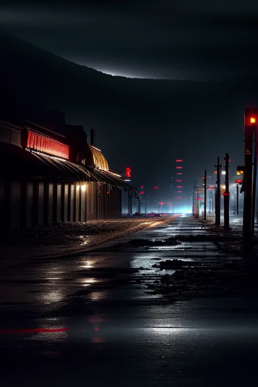 The image is a dark and moody street scene. It is nighttime and the only light comes from the streetlights and the headlights of a car. The street is wet and it is reflecting the light from the streetlights. There are buildings on either side of the street and they are all dark and empty. There is a mountain in the distance and it is covered in snow. The only other light in the image is coming from the moon.