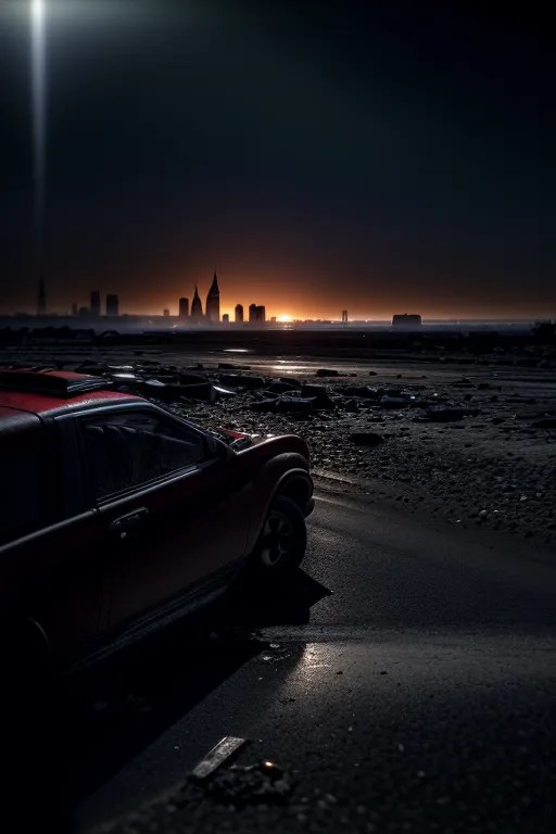 La imagen es un paisaje oscuro y sombrío. Un coche solitario está estacionado en una playa, con el océano a lo lejos. El cielo está oscuro y nublado, con un solo rayo de luz que se filtra desde la esquina superior derecha de la imagen. El coche es de color rojo oscuro y está estacionado en ángulo, con el lado del conductor orientado hacia el océano. La imagen está llena de misterio e intriga, y deja al espectador preguntándose qué sucedió y qué sucederá a continuación.