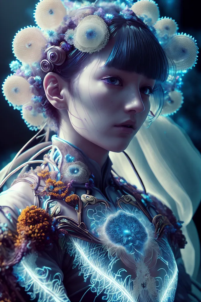 This is a picture of a woman with blue hair and blue eyes. She is wearing a white and blue outfit with a lot of detail. There are also a lot of small, glowing blue lights around her head and on her outfit. She is looking to the right of the frame, which is mostly black.