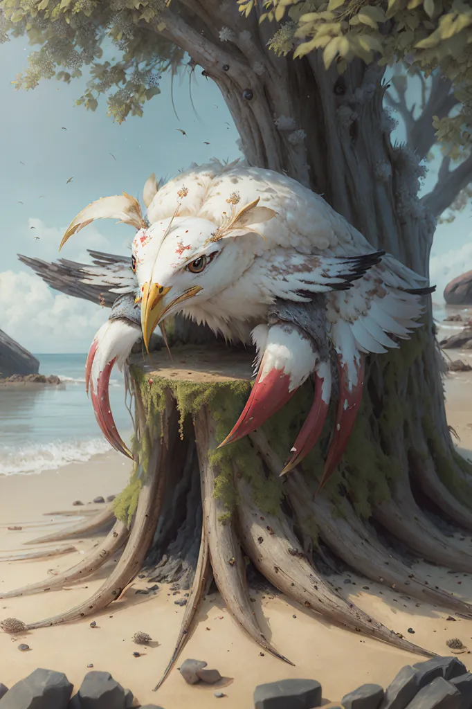 L'image représente une créature de type griffon avec la tête et les ailes d'un aigle et le corps et les griffes d'un crabe. Elle est perchée sur une souche d'arbre sur une plage, regardant l'océan. La créature est blanche et beige avec des accents rouges sur ses griffes et sa tête. La souche d'arbre est vieille et usée, et la plage est recouverte de sable et de coquillages. L'eau est d'un bleu profond et le ciel est bleu clair avec quelques nuages.