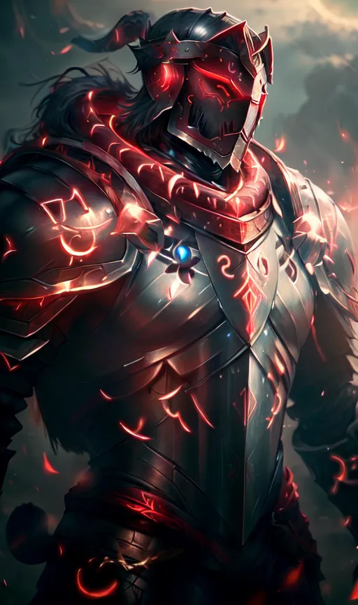 The image is of a knight in full armor. The armor is dark gray with red glowing lines running through it. The knight's helmet is closed, and there is a red plume on top of it. The knight is also wearing a red cape. He is standing in a dark, fiery background.