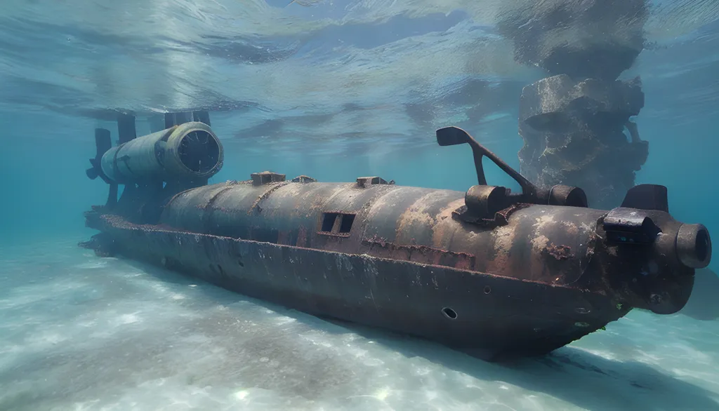 Esta es una imagen de un naufragio. El submarino yace en el fondo del océano y está cubierto de óxido y otros escombros. La hélice del submarino es visible, así como su escotilla. El agua está turbia, pero es posible ver el contorno del submarino.