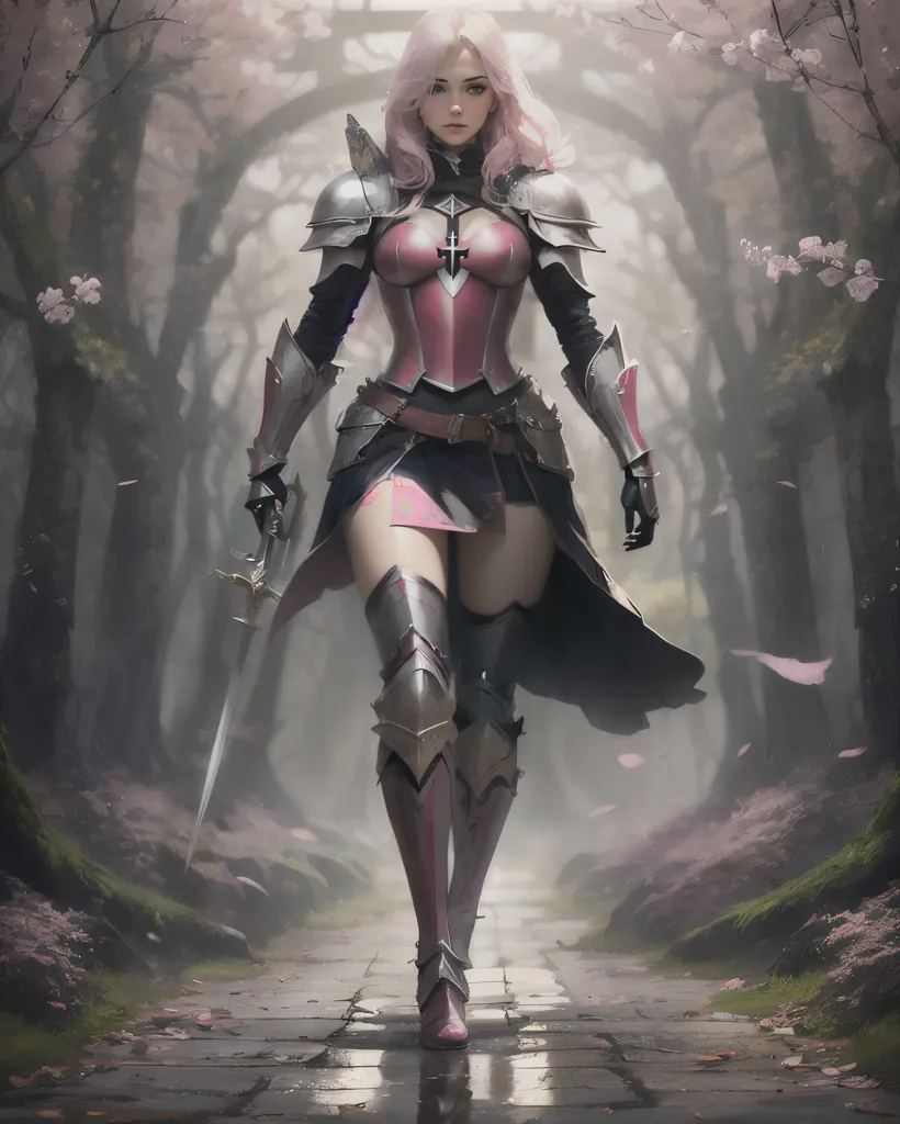 The image is of a female knight in pink and gray armor. She is walking through a forest, and the cherry trees are in bloom. She is carrying a sword in her right hand. She has a determined look on her face. She is wearing a helmet with a pink plume. The armor has intricate designs on it. The image is very detailed, and the artist has used a variety of colors to create a realistic and vibrant scene.