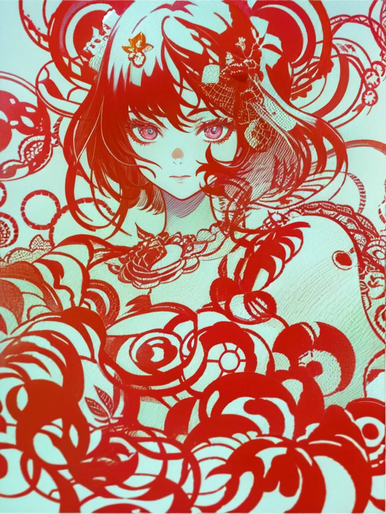 The image is a red and white illustration of a girl with long red hair and pink eyes. She is wearing a traditional Chinese dress with a white collar and red and white floral patterns. The girl is standing in front of a red background with a floral pattern. The illustration is in a traditional Chinese style and is very detailed.