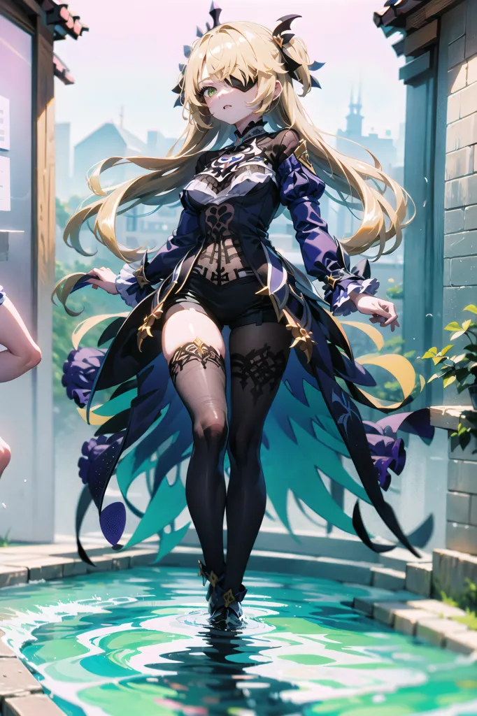 The image is a painting of a young woman with long blonde hair and green eyes. She is wearing a purple and black dress with a corset and a long skirt. She is also wearing black stockings and boots. She is standing in a shallow pool of water, and there is a building in the background.