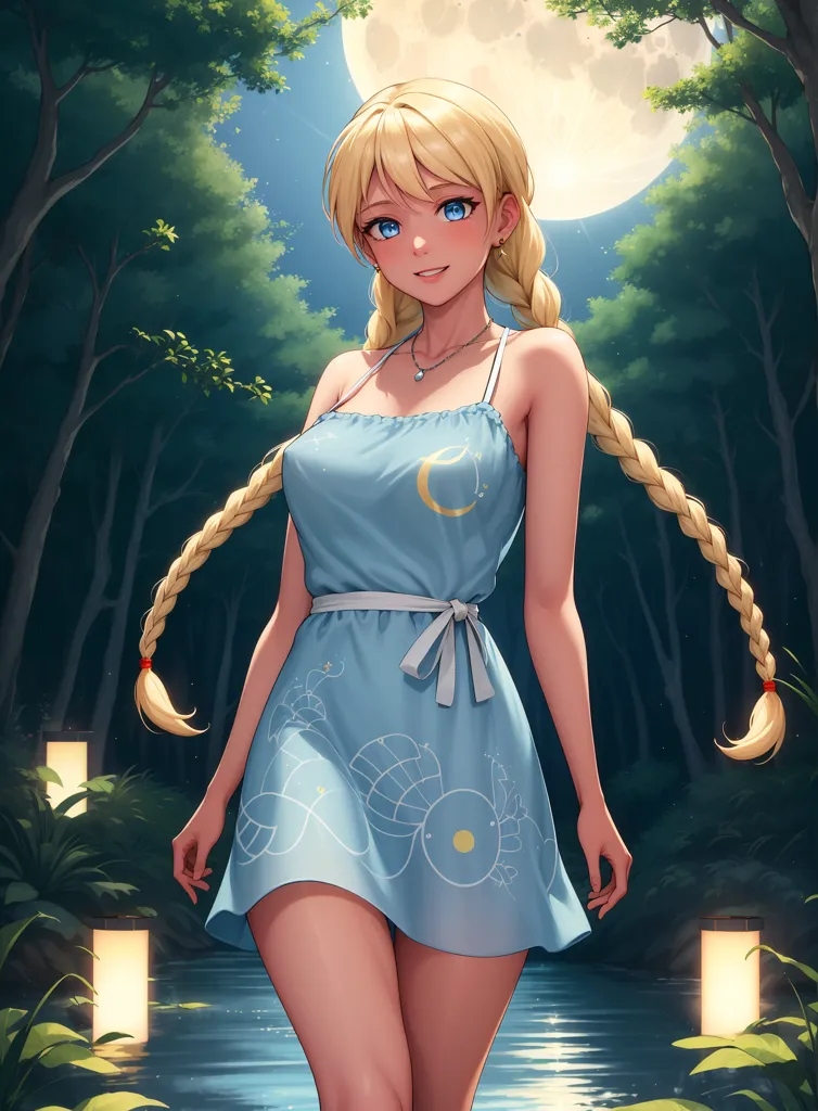 A imagem é uma pintura de uma bela garota de anime com longos cabelos loiros e olhos azuis. Ela está usando um vestido azul com uma lua crescente branca no peito. O vestido tem um laço branco amarrado na cintura. Ela está em pé em uma floresta com uma lua cheia ao fundo. A floresta está cheia de árvores e plantas verdes. Há também algumas lanternas no chão. A garota está sorrindo e parece feliz.